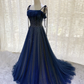 Dark Blue Tulle Sequin Long Prom Dress, Dark Blue Tulle Formal Dress Y523