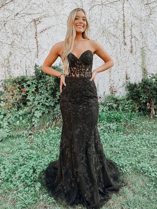 Black tulle lace mermaid long prom dress, black tulle lace evening dress Y1788