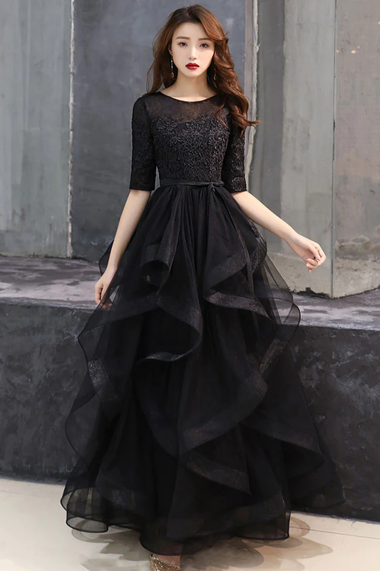 Black round neck tulle lace long prom dress, black formal dress Y255