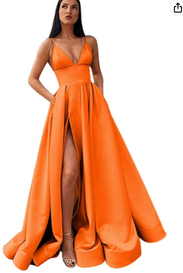V-Neck Slit Satin Long Prom Dress Spaghetti Strap Evening Ball Gown with Pockets S14431
