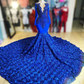 Royal Blue V-Neck Long Sleeve Mermaid Prom Dress Flowers Bottom Y1372