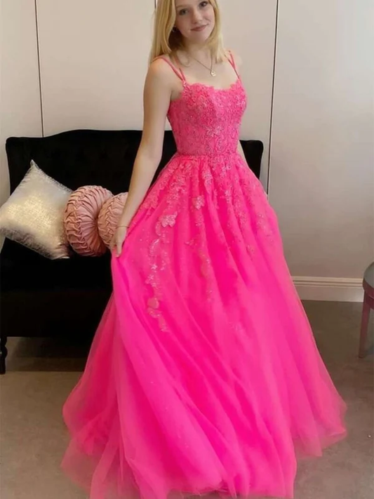 Open Back Hot Pink Tulle Lace Long Prom Dresses, Hot Pink Lace Formal Graduation Evening Dresses Y1585