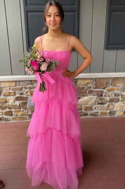 Elegant A-Line Hot Pink Tiered Tulle Long Prom Dress Evening Dress Y1594