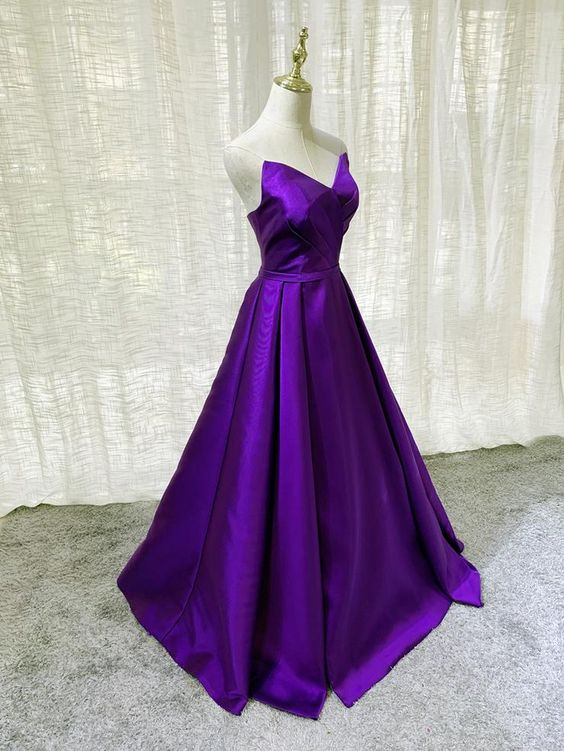 Purple Satin A-line Simple Floor Length Evening Dress Formal Dress Y869