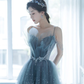 Blue Tulle Beaded Long A-Line Prom Dress, Blue Formal Evening Gown Y1579