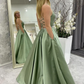 A Line Backless Green Satin Long Prom Dress, Backless Green Formal Graduation Evening Dress Y221