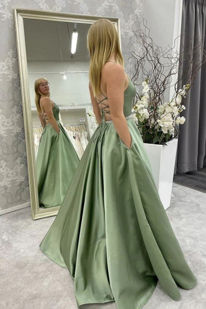A Line Backless Green Satin Long Prom Dress, Backless Green Formal Graduation Evening Dress Y221