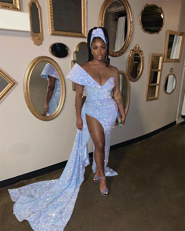 Sky Blue Sequin Prom Dresses For Black Girls,Mermaid Birthday Dress Sexy One Shoulder Party Gown with Slit Y1230
