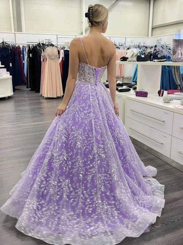 Sweetheart Neck Open Back Purple Lace Long Prom Dresses, Purple Lace Formal Dresses, Purple Evening Dresses Y1730