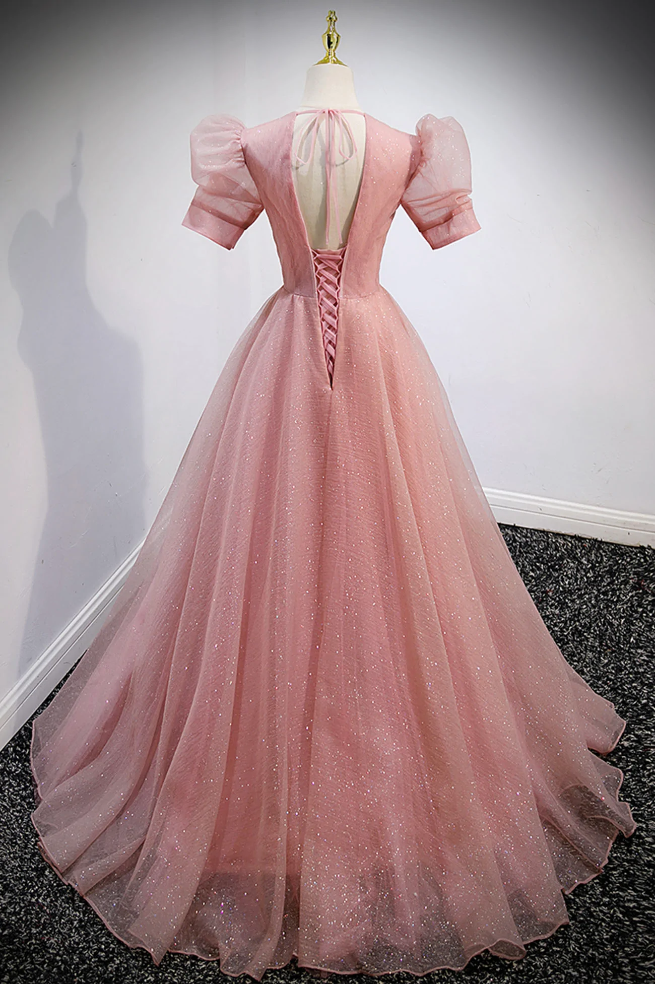 Pink V-Neck Tulle Long Prom Dresses, A-Line Short Sleeve Evening Dresses Y892