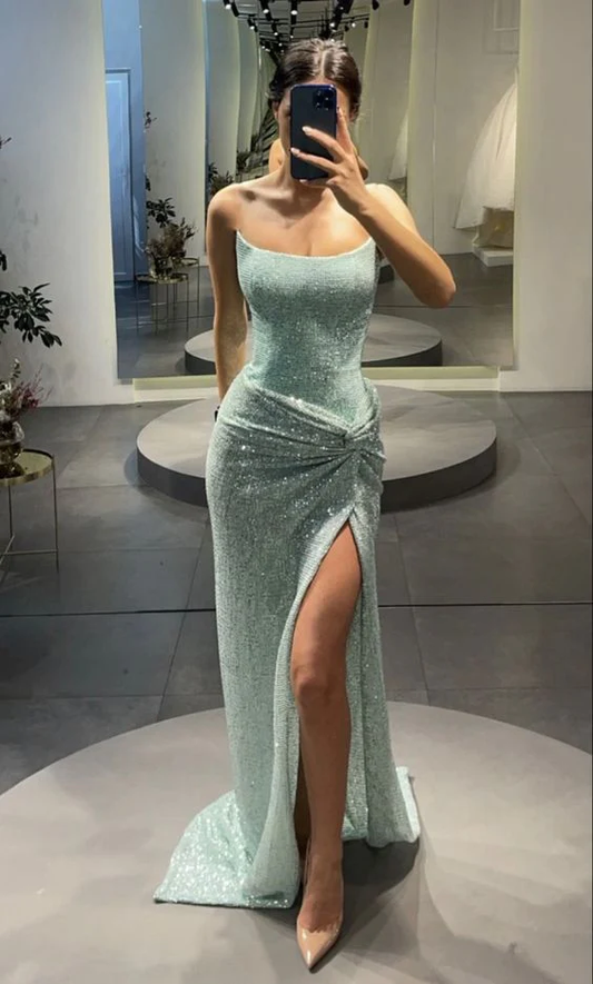 Strapless Sequin Mermaid Prom Dress With High Slit Sexy Evening Dress Y1611