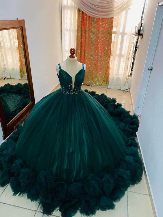 Stunning Tulle Lace-up Back Ball Gown,Teal Princess Dress With Ruffles Y1233