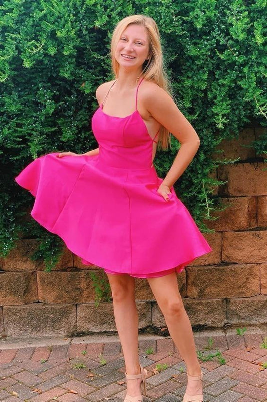 Princess A Line Hot Pink Straps Short Homecoming Dresses With Pockets Y34