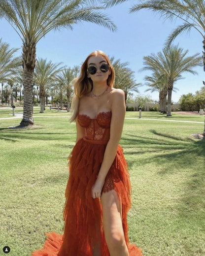 Rust Red Sweetheart High Low Tiered Formal Dress,Tulle Long Evening Prom Dresses Y1108