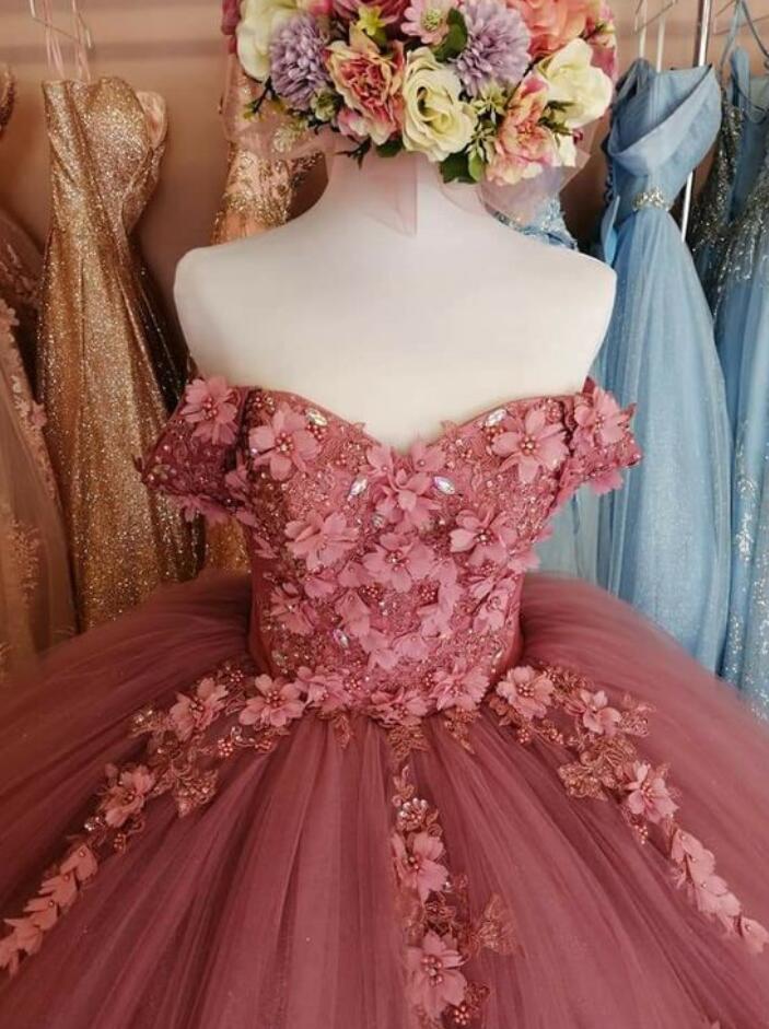 Ball Gown Dusty Pink Lace Prom Dresses Long Sweet 16 Dress Y683