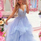 Blue v neck tulle lace long prom dress blue evening dress Y686