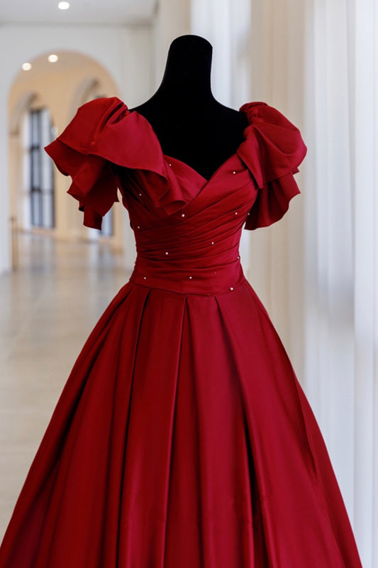 Burgundy satin long A line prom dress evening dress Y518
