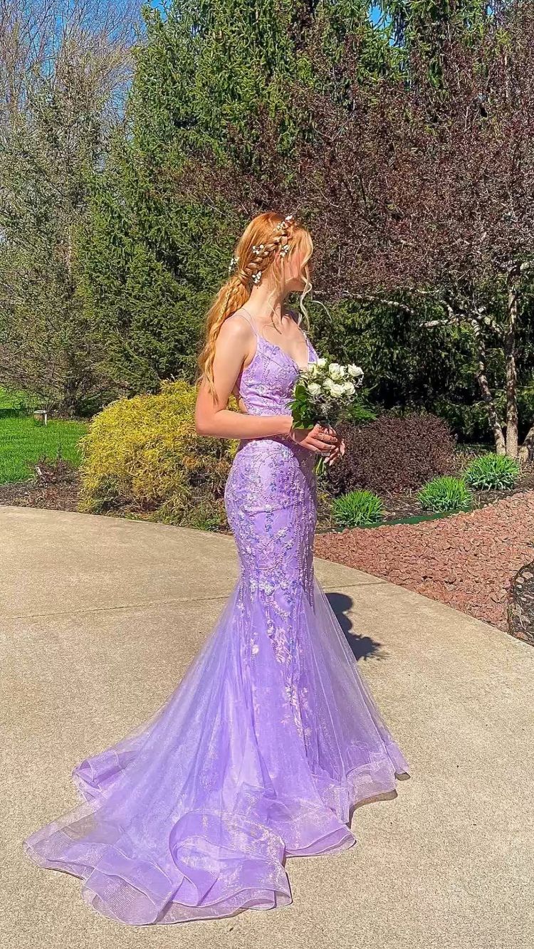 Lavender Spaghetti Straps Mermaid Lace Prom Dress Applique Tulle Long Evening Gown Y1514