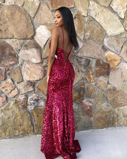 Charming Mermaid V Neck Straps Rose Red Long Evening Party Dresses, Cross Back Prom Dresses Y1543