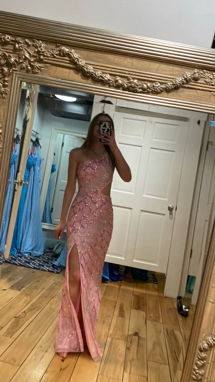 Chic One Shoulder Pink Sequins Evening Dress ,Sparkly Pink Evening Gown Y1633