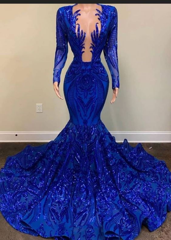 Royal Blue mermaid prom dress,Deep v mermaid sequin lace prom dress,African women prom dresses,wedding reception gown,plunging neckline Y1378