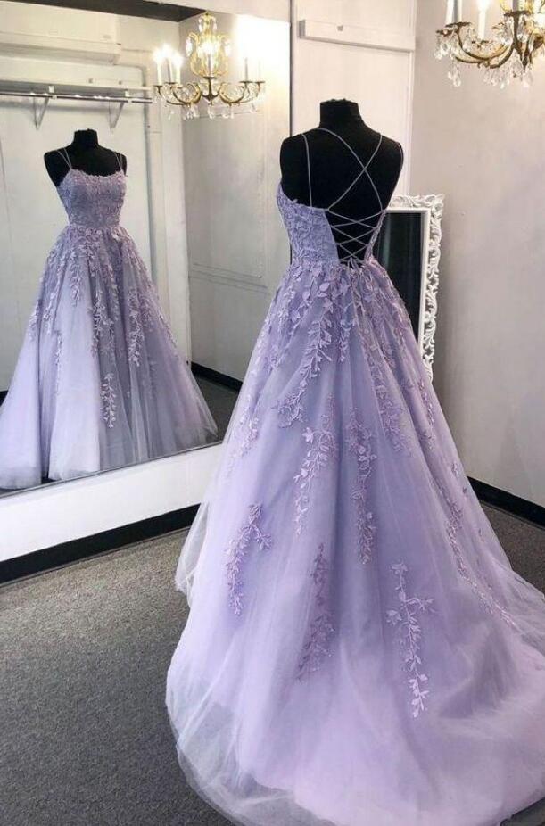 Purple tulle lace long prom dress lace tulle formal dress Y1512