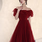 Dark Red Velvet Long Formal Gown, Off Shoulder Dark Red Prom Dress Y1435