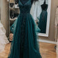 V Neck Open Back Dark Green Lace Beaded Long Prom Dresses, Dark Green Lace Formal Dresses Y1511