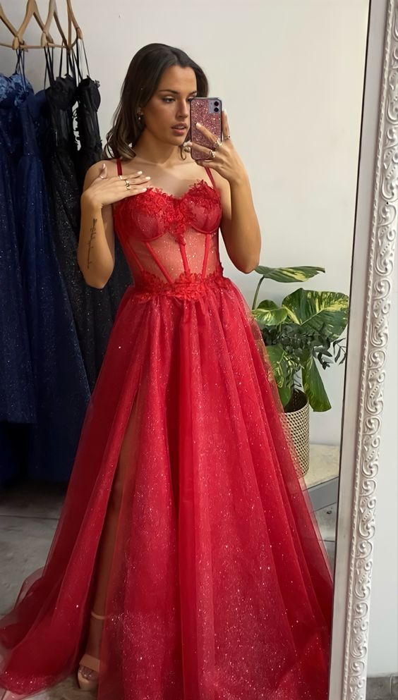 Shiny Sweetheart Neck Red Lace Long Prom Dresses, High Slit Red Lace Formal Dresses, Red Lace Evening Dresses Y1673