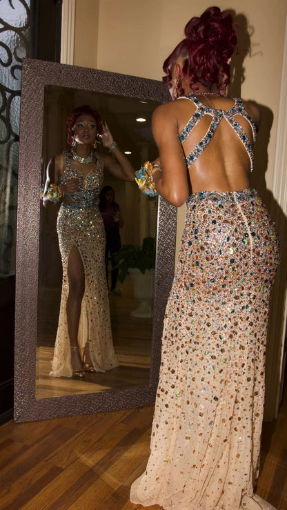 Luxurious Crystal Mermaid Evening Dress Side Slit Sexy Evening Gown Y547