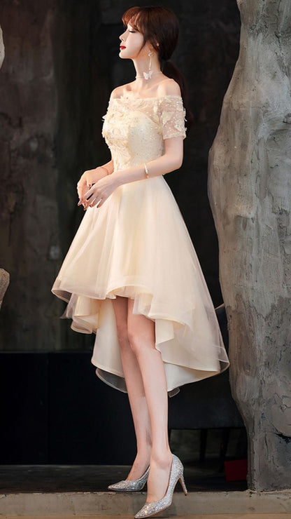 Champagne tulle high low prom dress champagne evening dress Y983