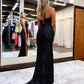 Black Mermaid V Neck Straps Sequins Long Prom Dresses with Slit Y999