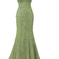 Sage Green Lace Appliques Dresses Long Prom Dress Mermaid Spaghetti Straps Evening Dress Y295
