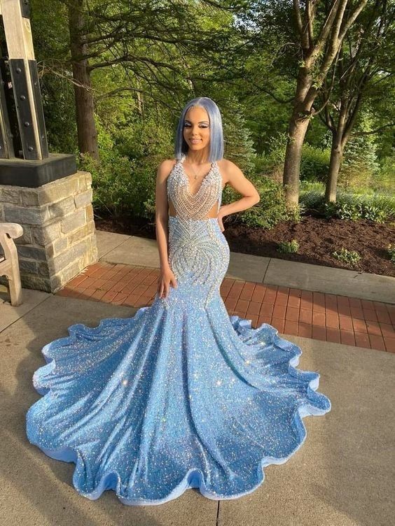 Sexy shimmery blue prom dress, sparkling sequin reception dress, evening cocktail graduation gown Y471