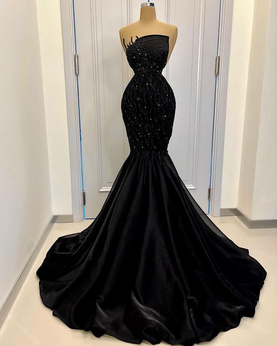 Classy Mermaid Black Long Prom Dress Strapless Black Evening Dress Y465