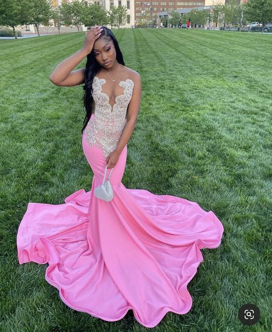 Pink prom dresses, sparkly prom dresses, mermaid evening dresses Y470