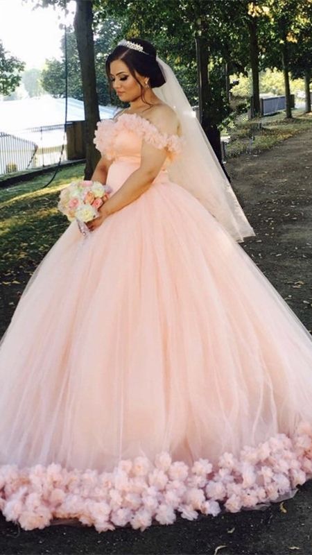 Off The Shoulder Hand Made Flowers Wedding Dress Tulle Wedding Dress Y474