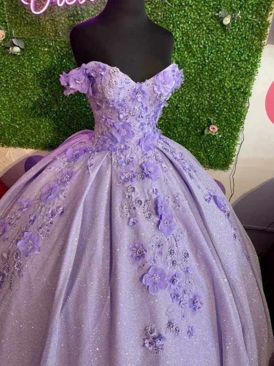 Lavender ball gown off the shoulder with 3d flowers sweet 16 dress Y473
