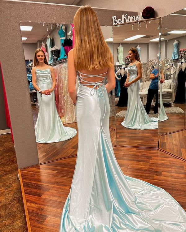 Cute Mermaid Cowl Neck Mint Silk Satin Long Prom Dress Y508