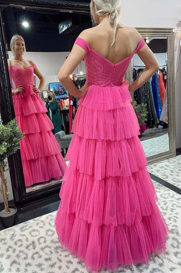 A-Line Fuchsia Tulle Long Prom Dresses Formal Evening Gowns Y482