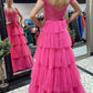 A-Line Fuchsia Tulle Long Prom Dresses Formal Evening Gowns Y482