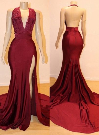 Burgundy V-Neck Mermaid Prom Dress Slit With Appliques Y506