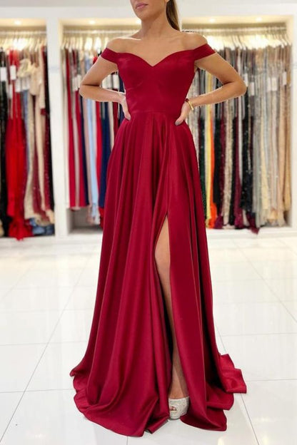 Off-the-Shoulder Burgundy Prom Dress Long With Split Y505