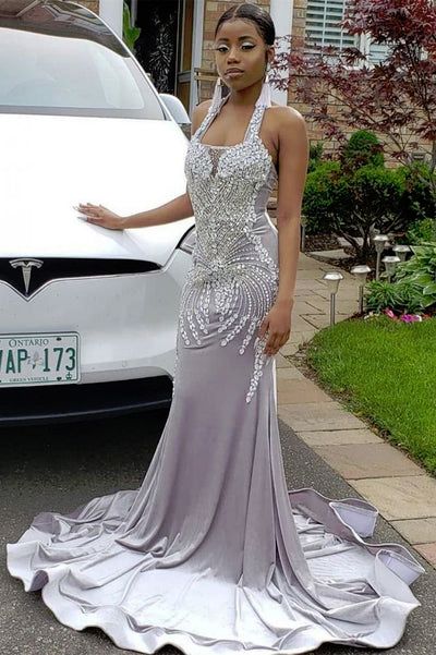 Halter Sparkle Crystal Silver Prom Dresses Fit and Flare Alluring Backless Evening Gowns Y157