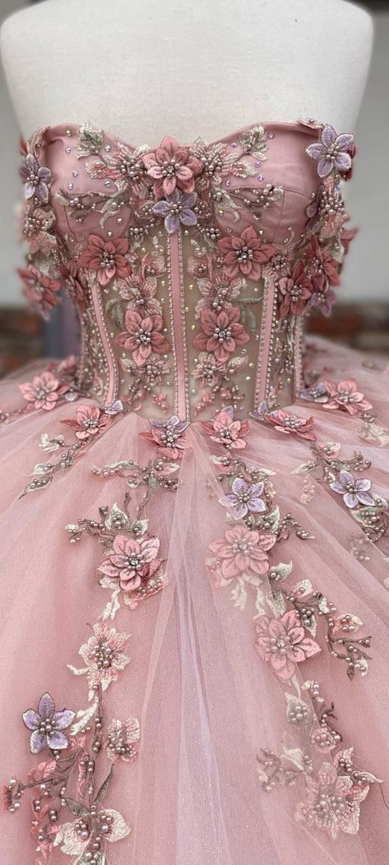 Pink Glitter 3D Flowers Beaded Ball Dress Beautiful Pink Princess Dresses  Y1132