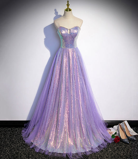 Purple tulle sequins long prom dress evening dress s84