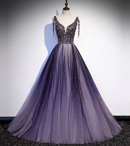 Purple v neck tulle beads long prom dress evening dress s104