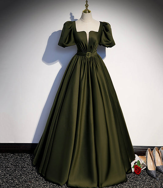 Green satin long prom dress A-line evening dress s87