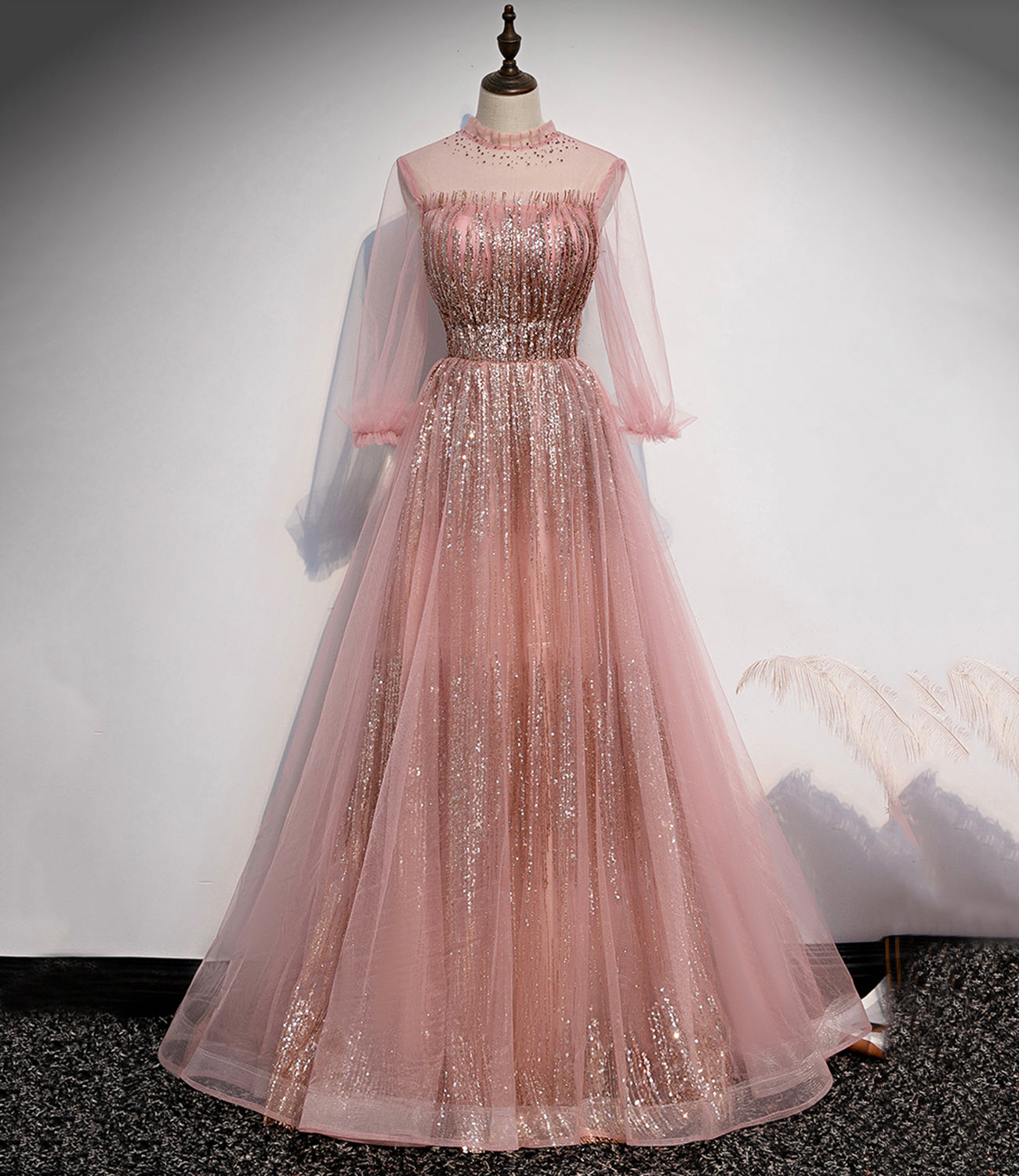 Pink tulle sequins long prom dress pink evening dress s109