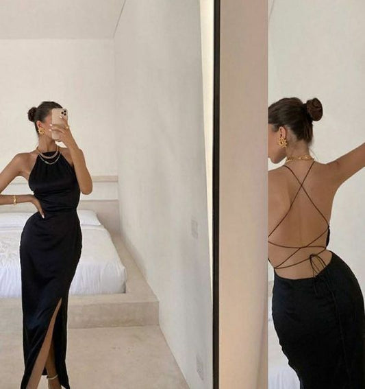 Sexy Black Cross-Back Long Prom Dress,Black Sleeveless Prom Gown With Slit Y1375